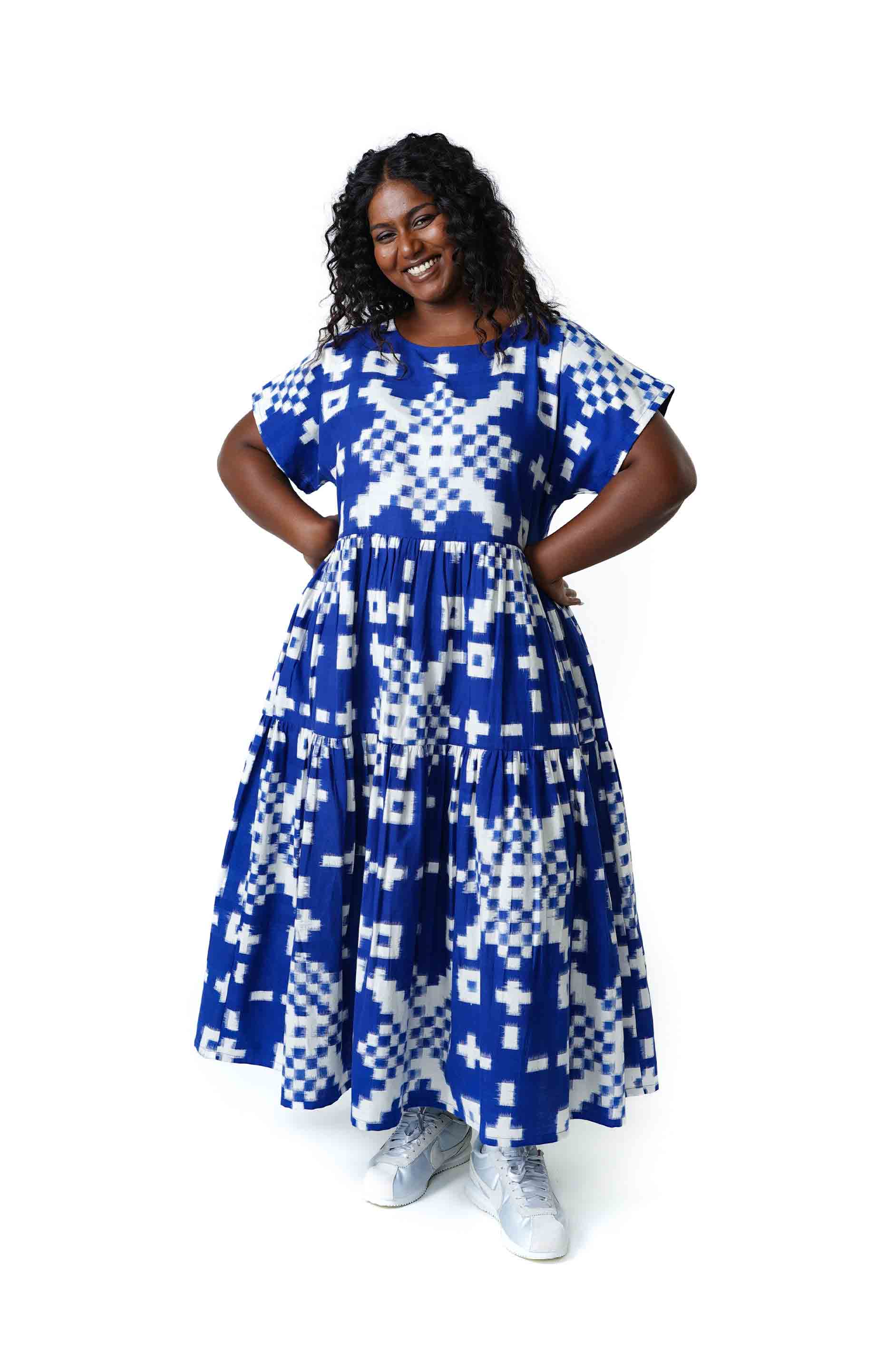 Tier Dress M / Blue / Ikat / Geometry