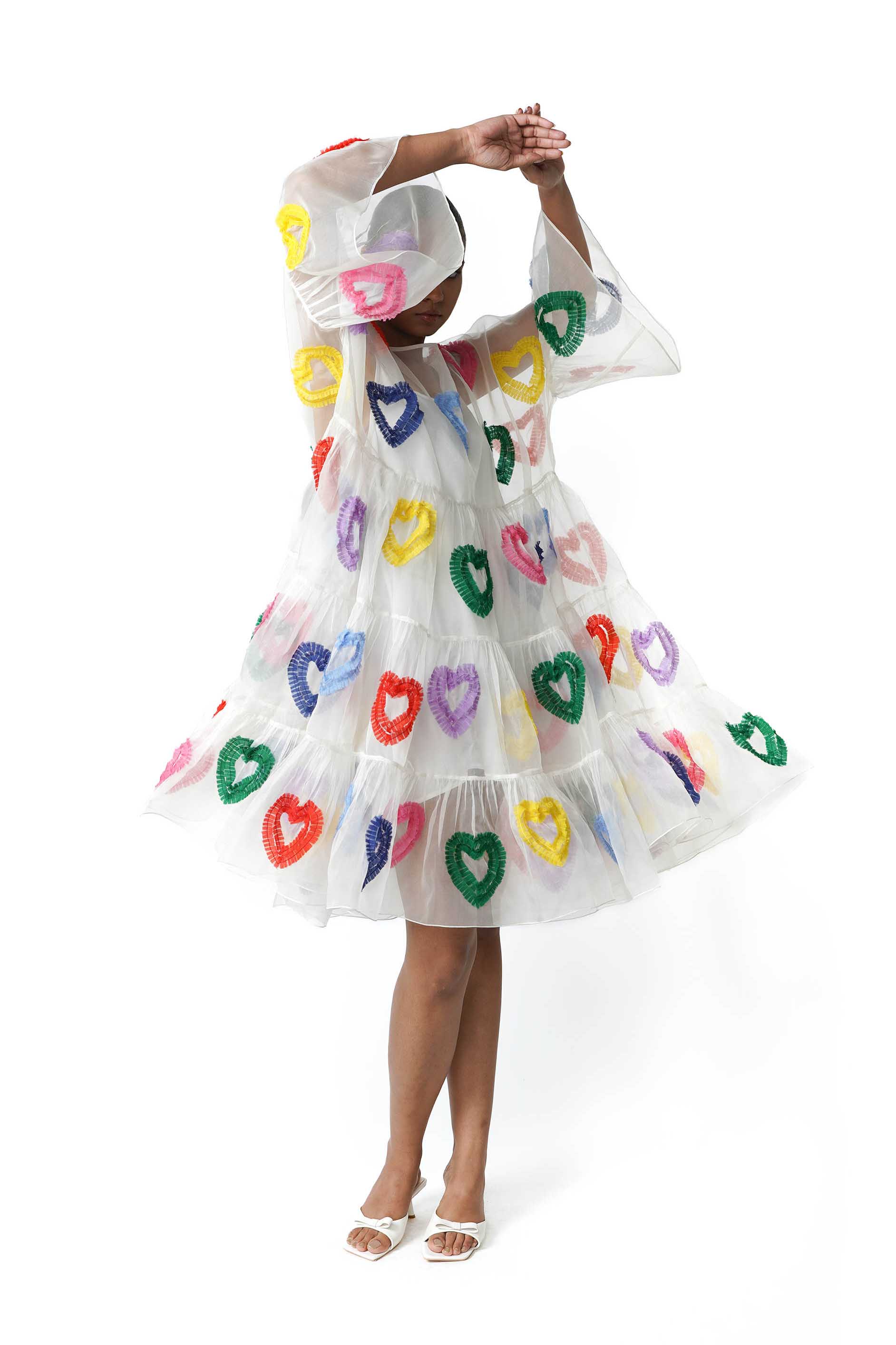 white dress with black hearts All Hearts Organza Tier Dress M / White & Multi / Embroidery
